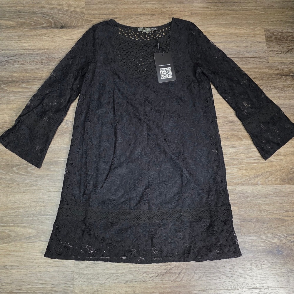 Love Stitch Womens S Lace Mini Dress Black Wool Blend Crochet Bell Slv IMP-7906